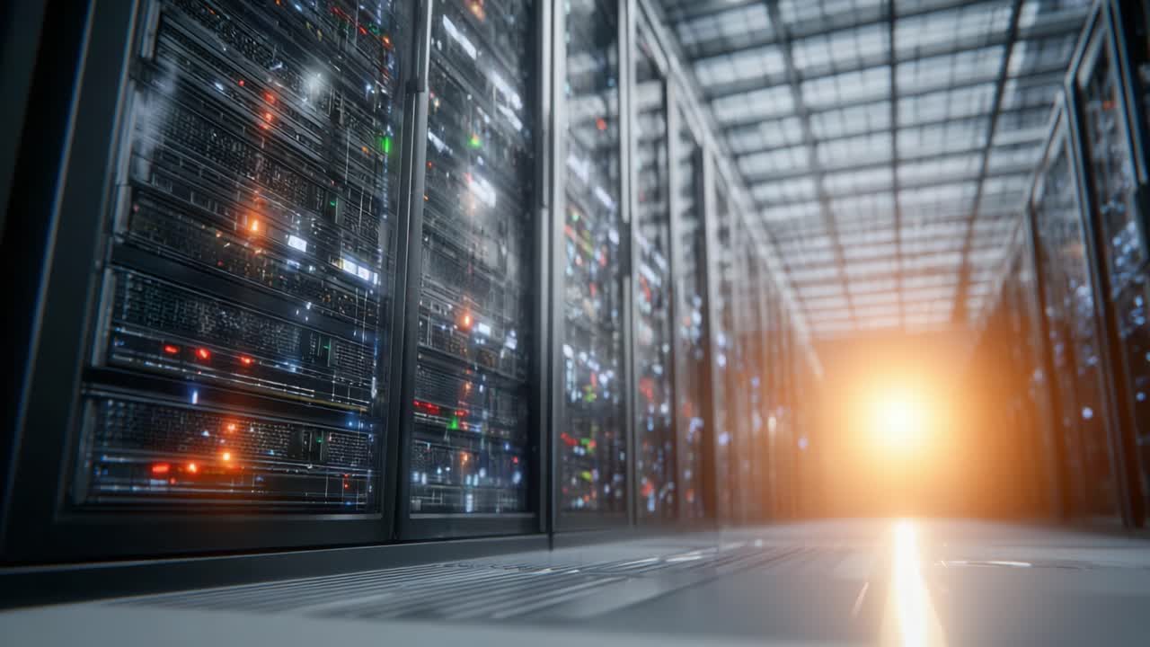 En fantastisk udsigt over et datacenter fyldt med højteknologiske servere oplyst af varmt lys, der fremviser moderne teknologi og netværksinfrastruktur på sit bedste.