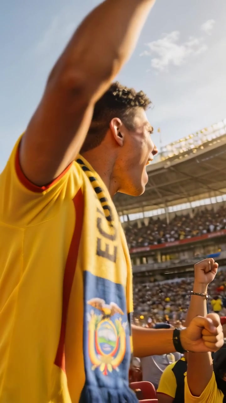 Video verticale: Tifoso esultante dopo un'azione di gioco allo stadio, che indossa la maglia numero 23 e una sciarpa, sventolando bandiere.