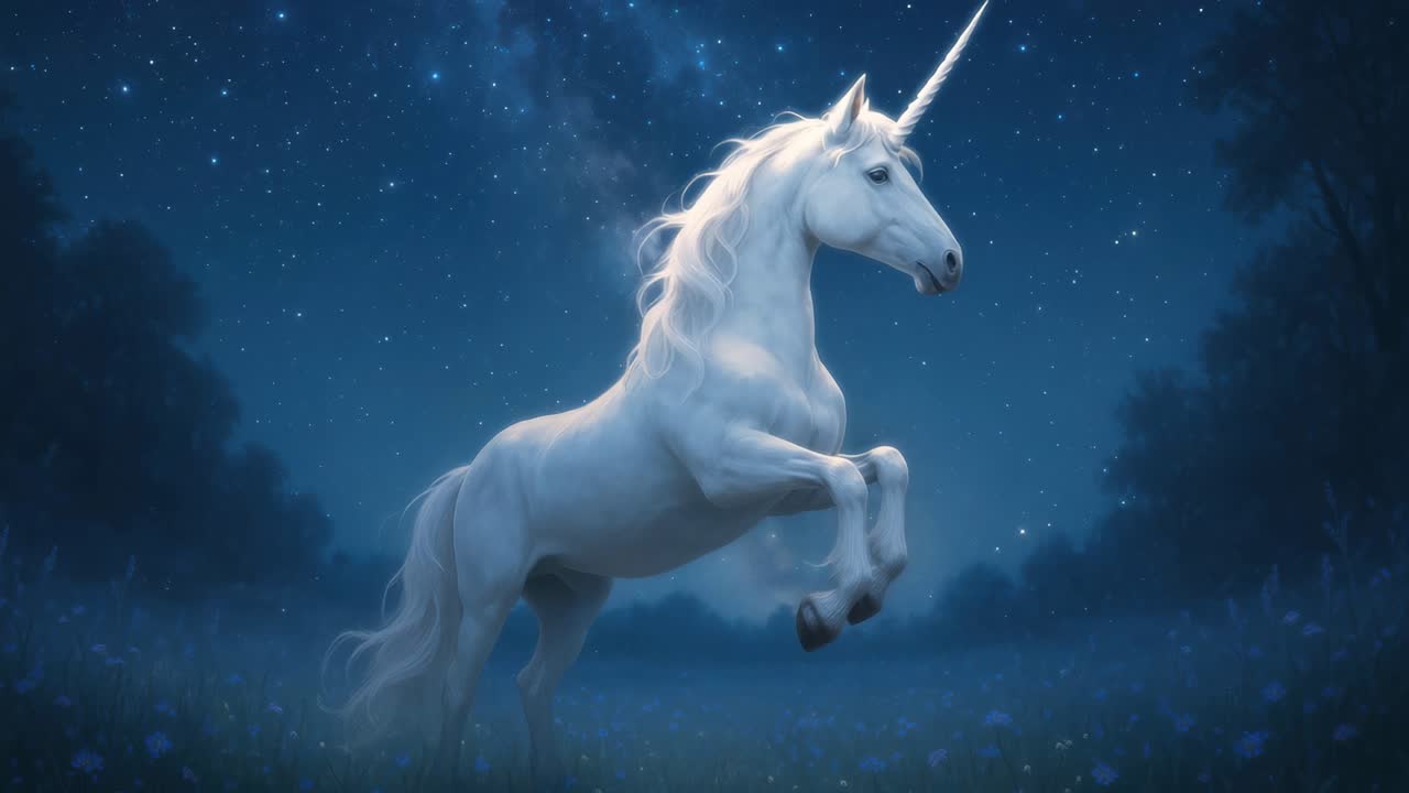 A majestic unicorn under a starry night sky, captured from a low angle