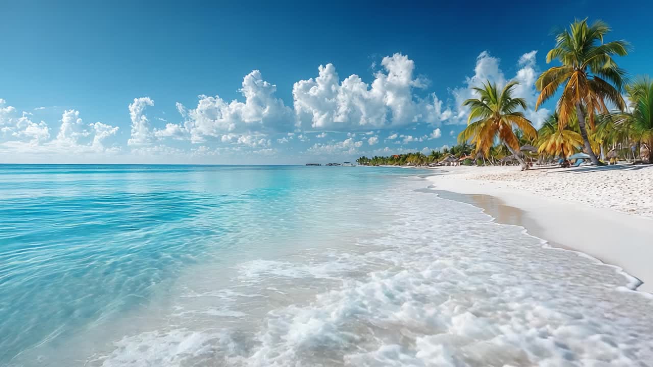 Cena idílica de praia tropical com águas cristalinas, areia macia e palmeiras exuberantes sob um céu azul claro repleto de nuvens brancas e fofas