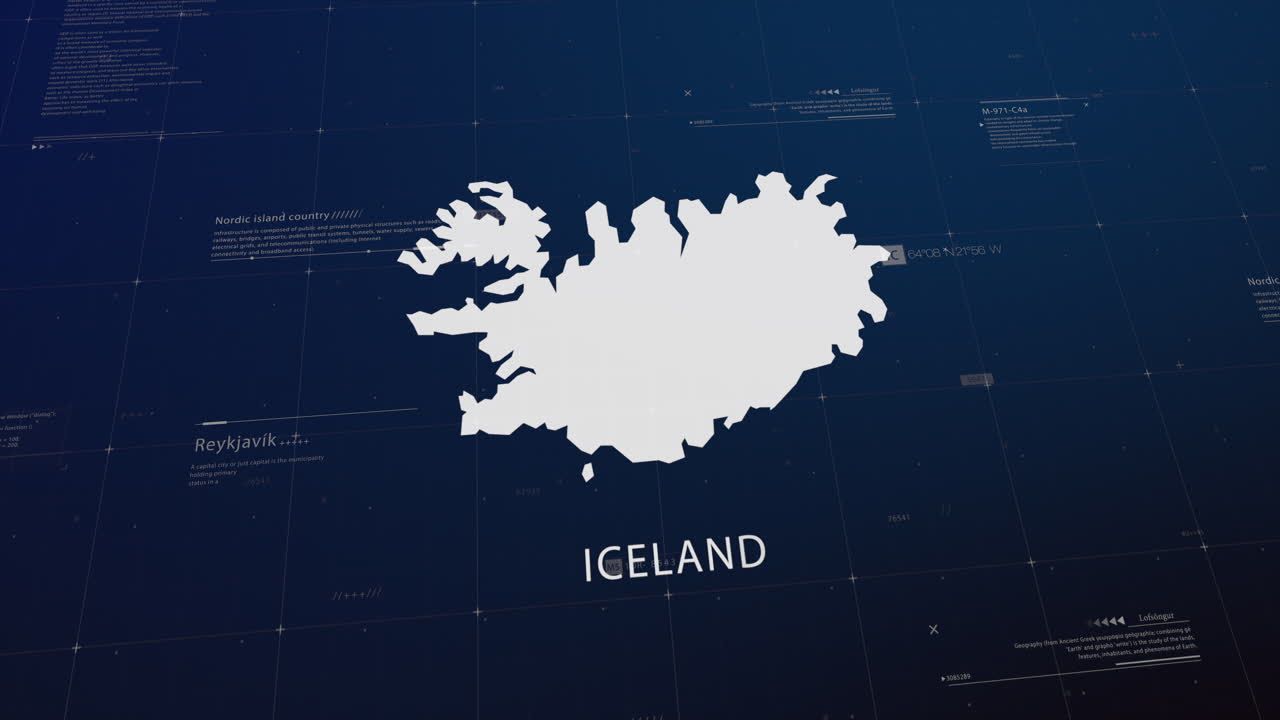 Iceland country map comes to life with cinematic panning, unveiling key details, the capital, and slogan, providing an engaging background for corporate and commercial use