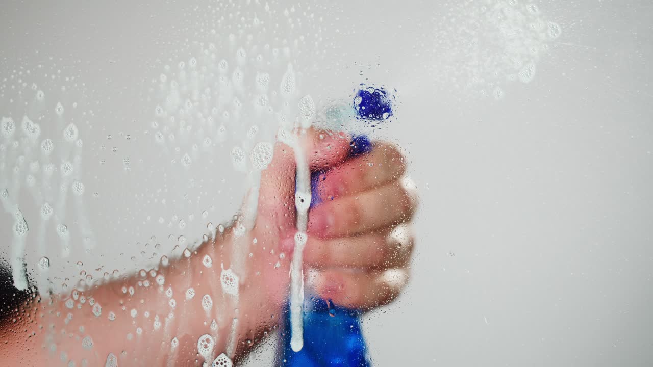 Hand Spraying Cleaning Solution on Glass Surface