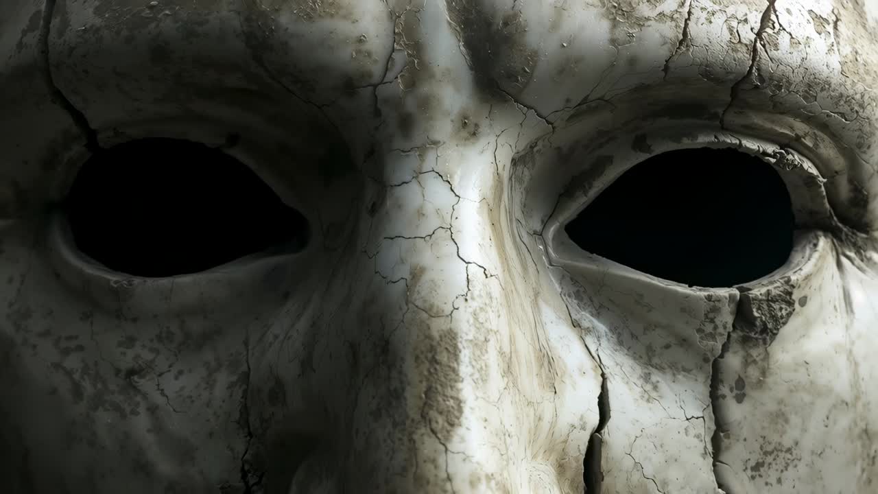 Revealing camera and lighting shifting in studio, exposing cracked mask with hollow eye sockets