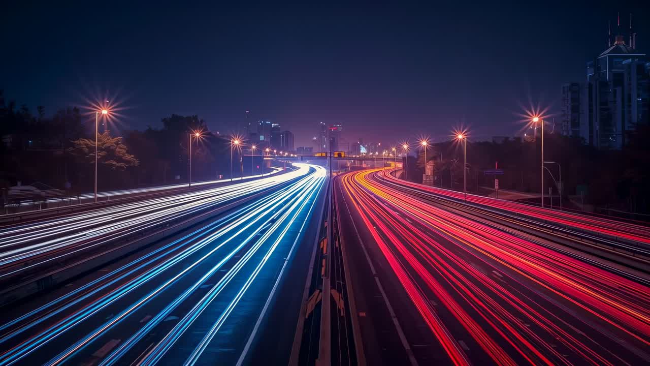 Capturing passing vehicles making blue and red light trails across median on elevated night highway