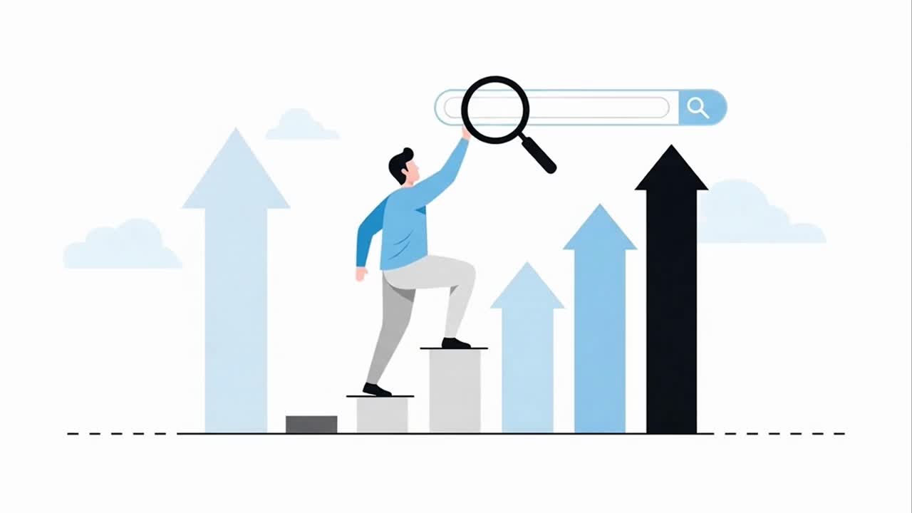 Man Climbing a Bar Chart to Reach a Search Bar Goal