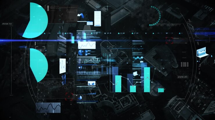 Animation of data processing and scope scanning over cityscape