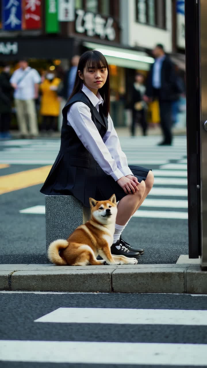 Girl with Shiba Inu on a City Street