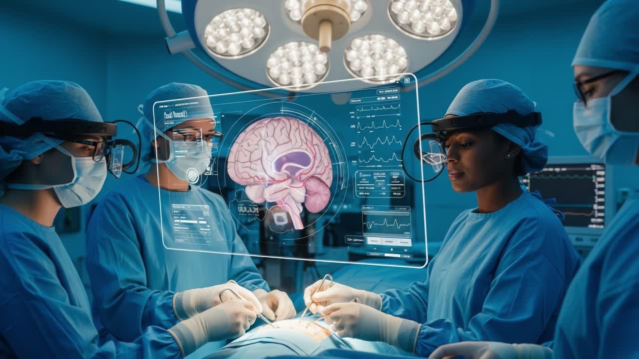 Advanced Neurosurgery with 3D Brain Imaging Technology: Surgeons Engaged in Delicate Operation Utilizing Innovative Visualization Tools for Enhanced Precision and Patient Care