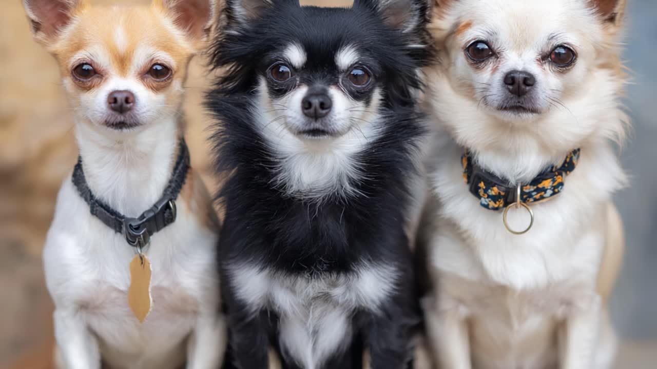 Adorable Trio: Captivating Close-Up of Three Charming Chihuahuas Posing Together, Each With Unique Features and Distinct Personalities, Radiating Playful Energy