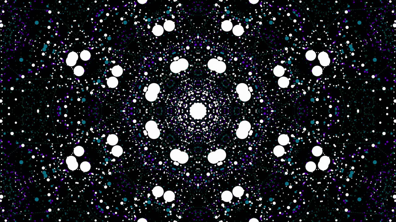 Kaleidoscope floral repeating pattern. Mirrored purple and white dots on a dark looped background.