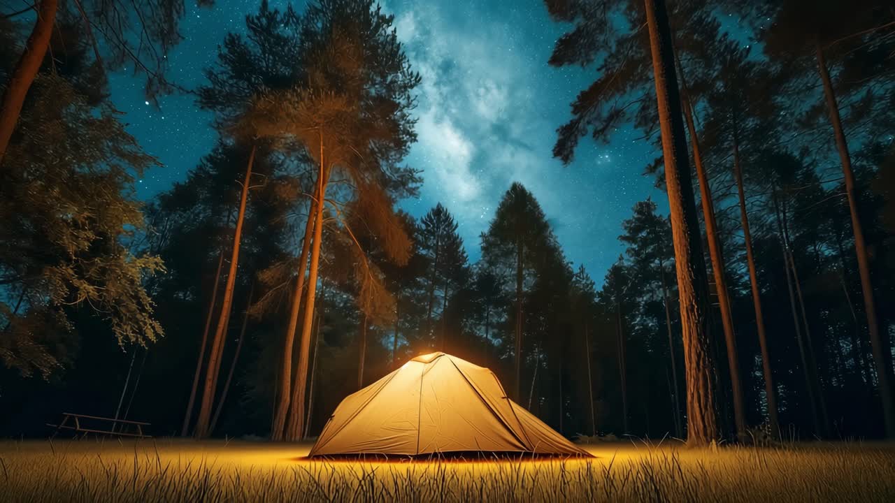 Luminous camping tent standing in a forest at night, surrounded by tall trees, with the milky way and stars shining brightly in the dark sky, creating a magical and peaceful atmosphere