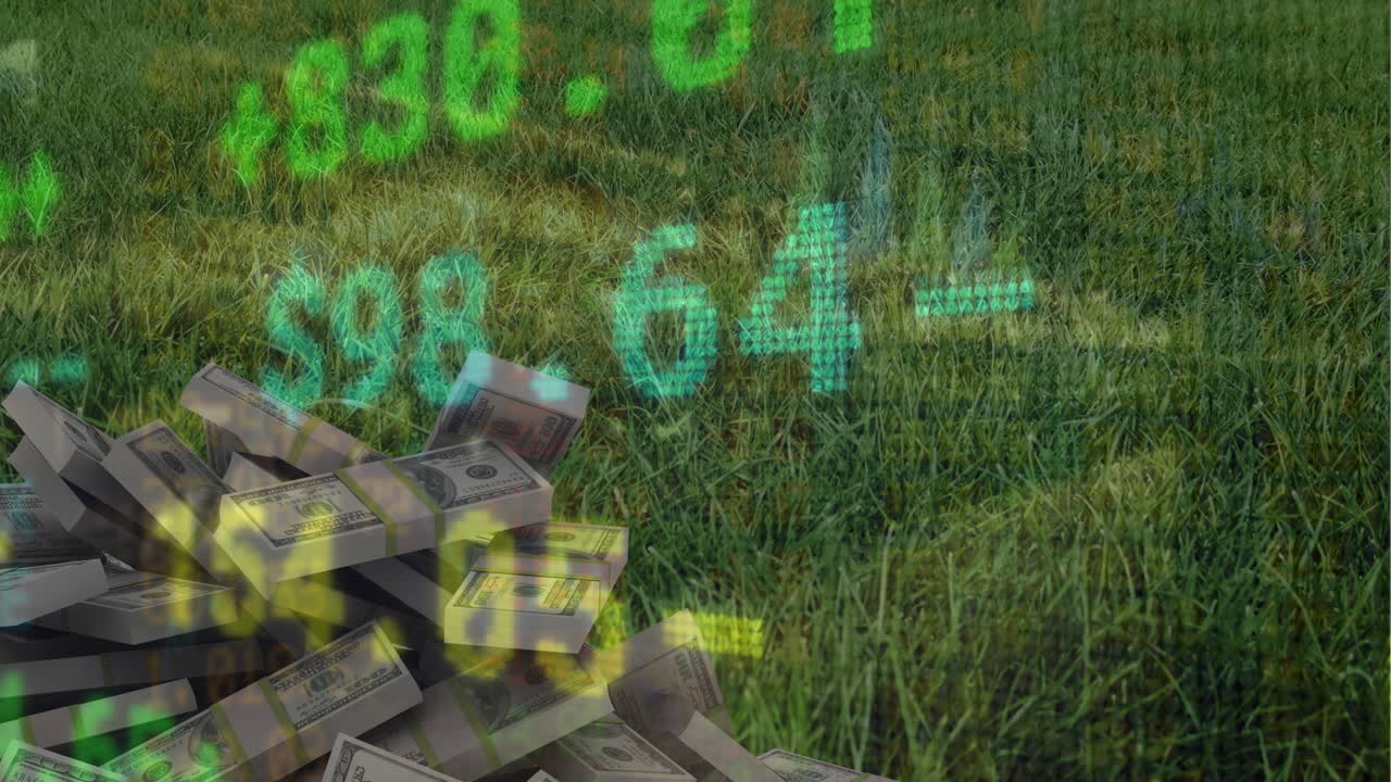 잔디 위에 있는 달러 지폐의 더미에 대한 주식 시장 데이터 처리의 애니메이션