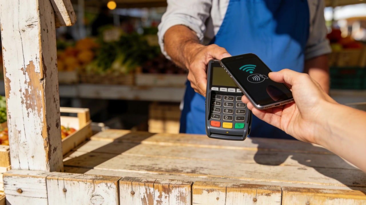Extending vendor in blue apron steadying card reader at market stall, buyer bringing phone to pay