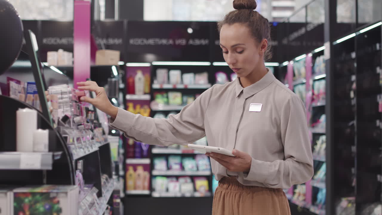 Shop Assistant With Tablet In make-Up Shop