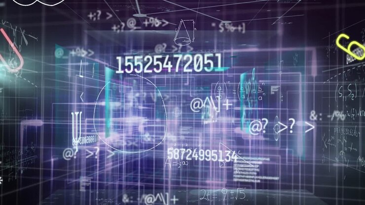 Animation of data processing and mathematical equations over black background