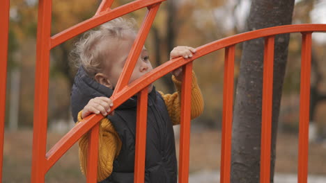 Kleines-Kind-Spielt-Auf-Dem-Spielplatz-Im-Park-Und-Hält-Den-Zaun-Mit-Den-Händen-Fest.-Mittleres-Porträt-Eines-Süßen-Jungen,-Der-An-Herbsttagen-Spazieren-Geht