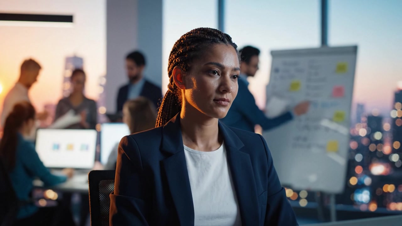 Donna d'affari sicura di sé che riflette pensierosa in un ufficio moderno con vista sullo skyline della città, circondata da colleghi impegnati in attività collaborative e discussioni