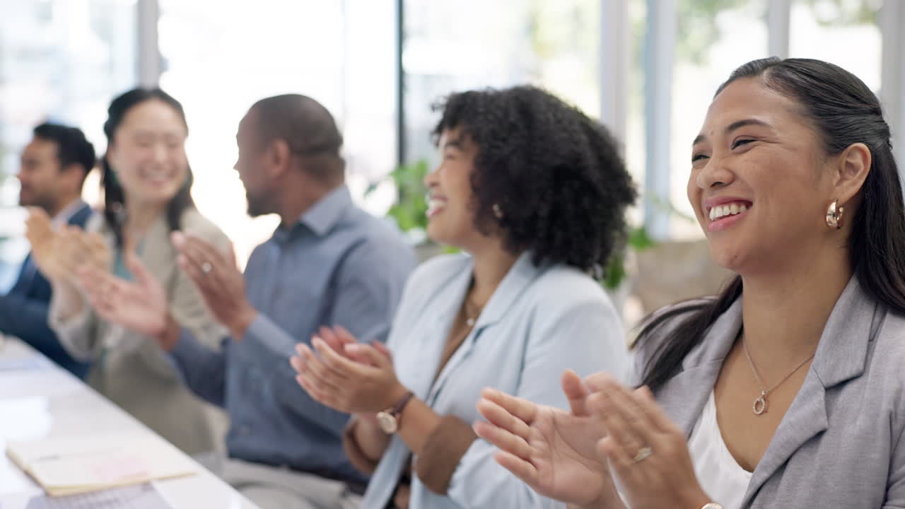 Presentation, applause or happy business people