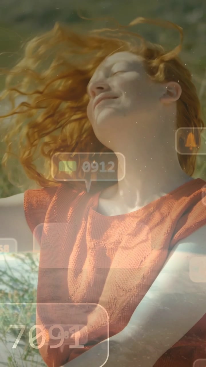 Vertical video: Cam pulling back, woman turning and opening arms, relaxing as social pins drifting