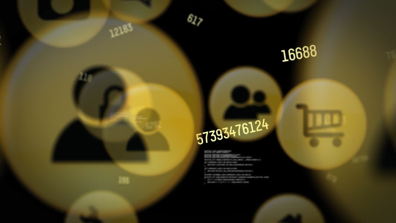 검은색 배경에 디지털 아이콘을 통해 과학 데이터 처리의 애니메이션