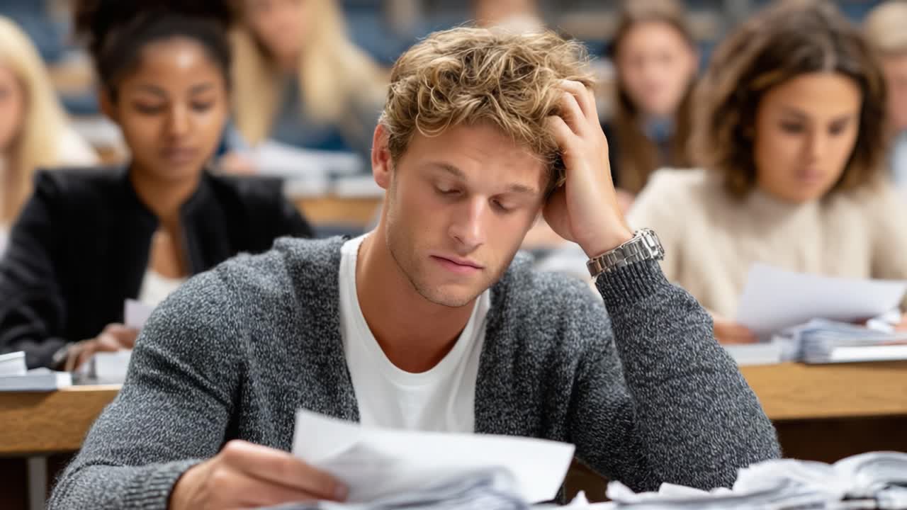 Un giovane alle prese con lo studio in un'aula affollata di studenti, che riflette lo stress e la pressione della vita accademica in un moderno ambiente scolastico