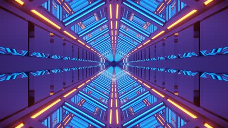 ciencia ficción con gráficos en movimiento: interior viajando por un corredor morado, verde azulado y naranja dentro de un túnel simétrico exterior