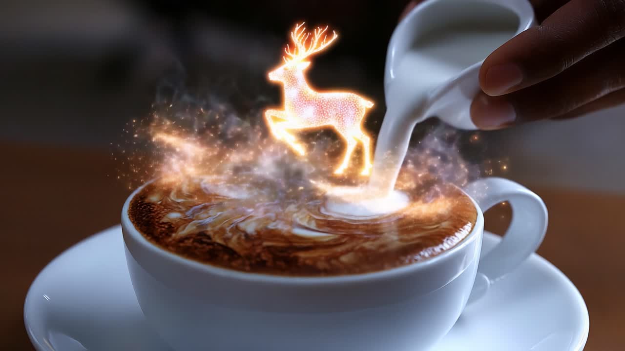 A Magical Transformation: Cream Poured into a Warm Cup of Coffee Creates an Enchanting Scene with an Illuminated Reindeer Forming Amidst the Steaming Swirls of Flavor and Aroma