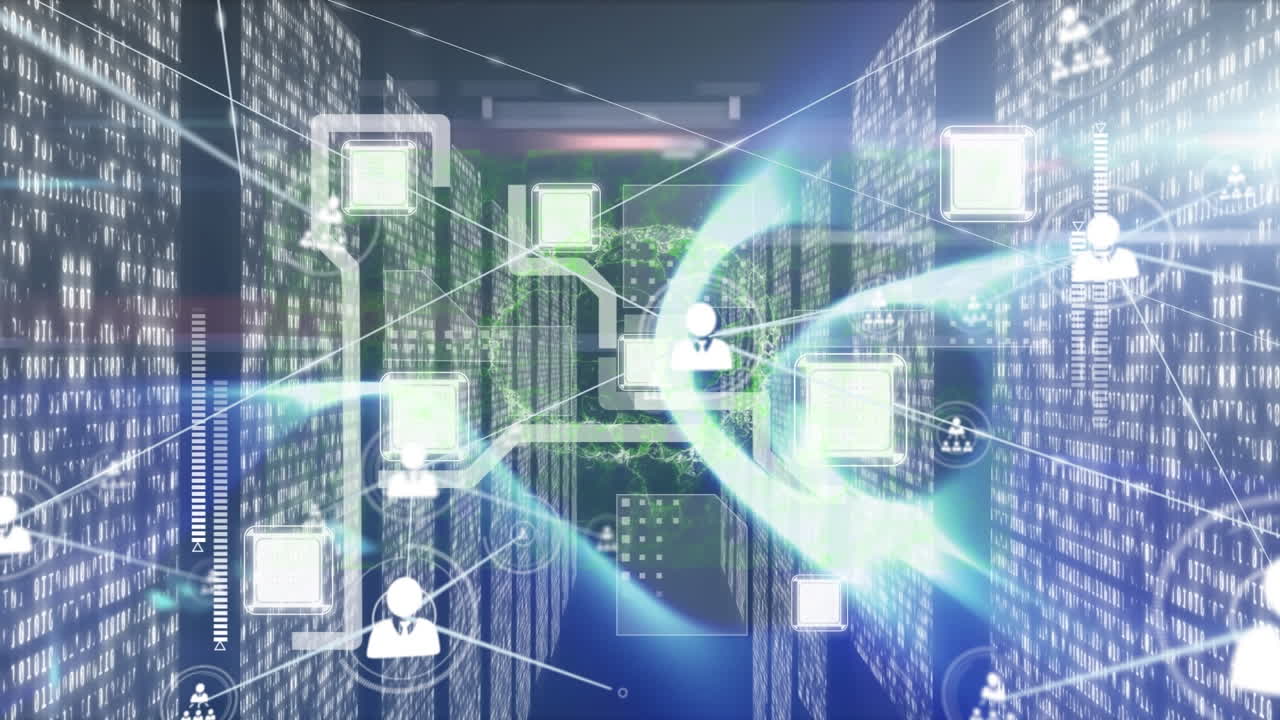 Animation of network of connections with icons over computer servers