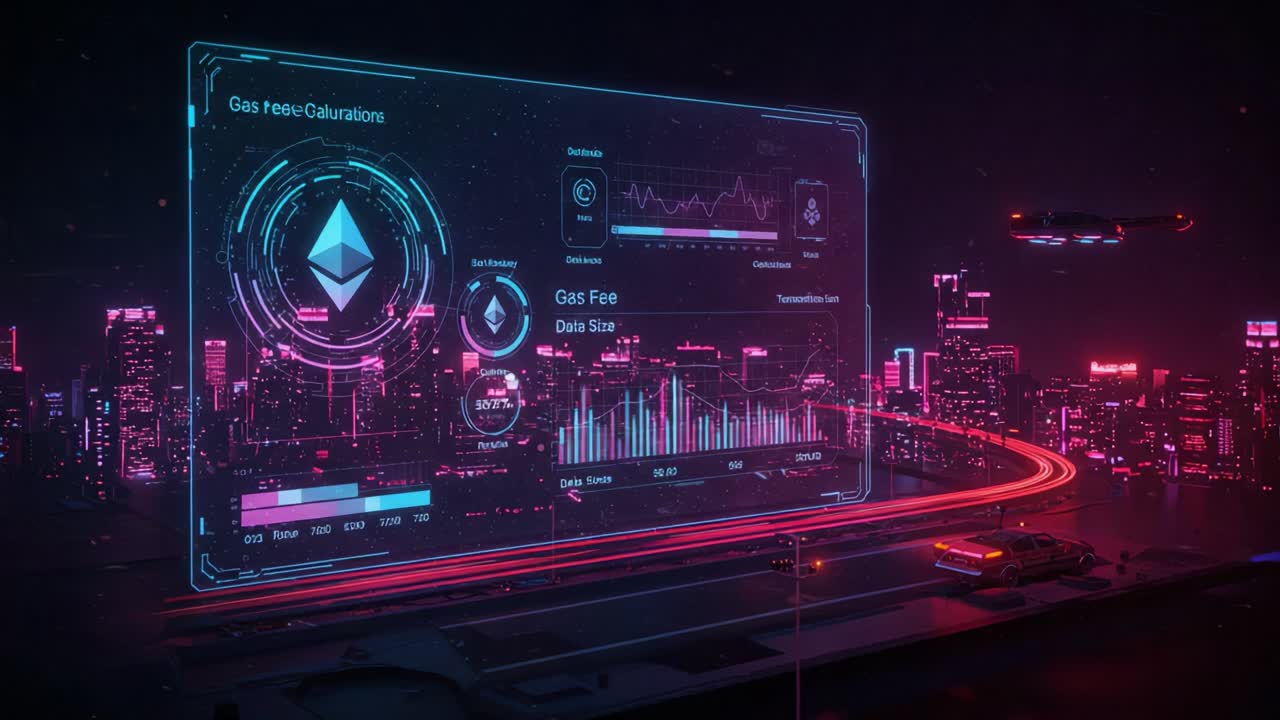 Futuristic Digital Dashboard Displaying Gas Fees and Data Size Metrics Against a Neon City Skyline Backdrop with Hovering Drones and a Futuristic Aesthetic