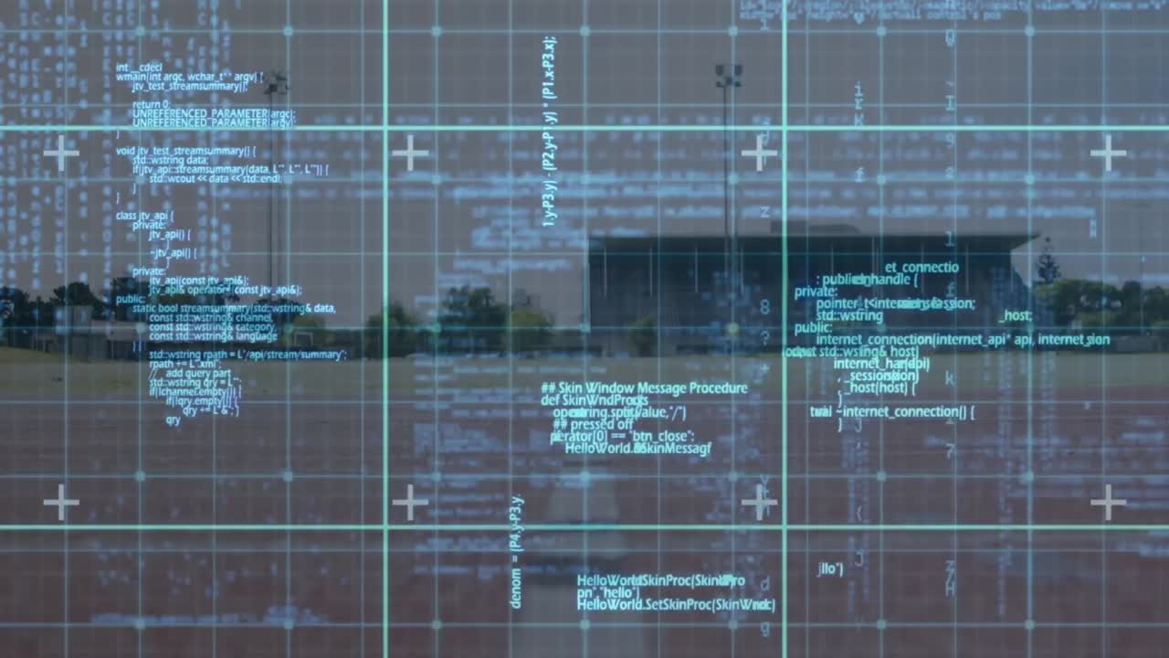 Animation of data on digital screen over legs of caucasian man running at stadium