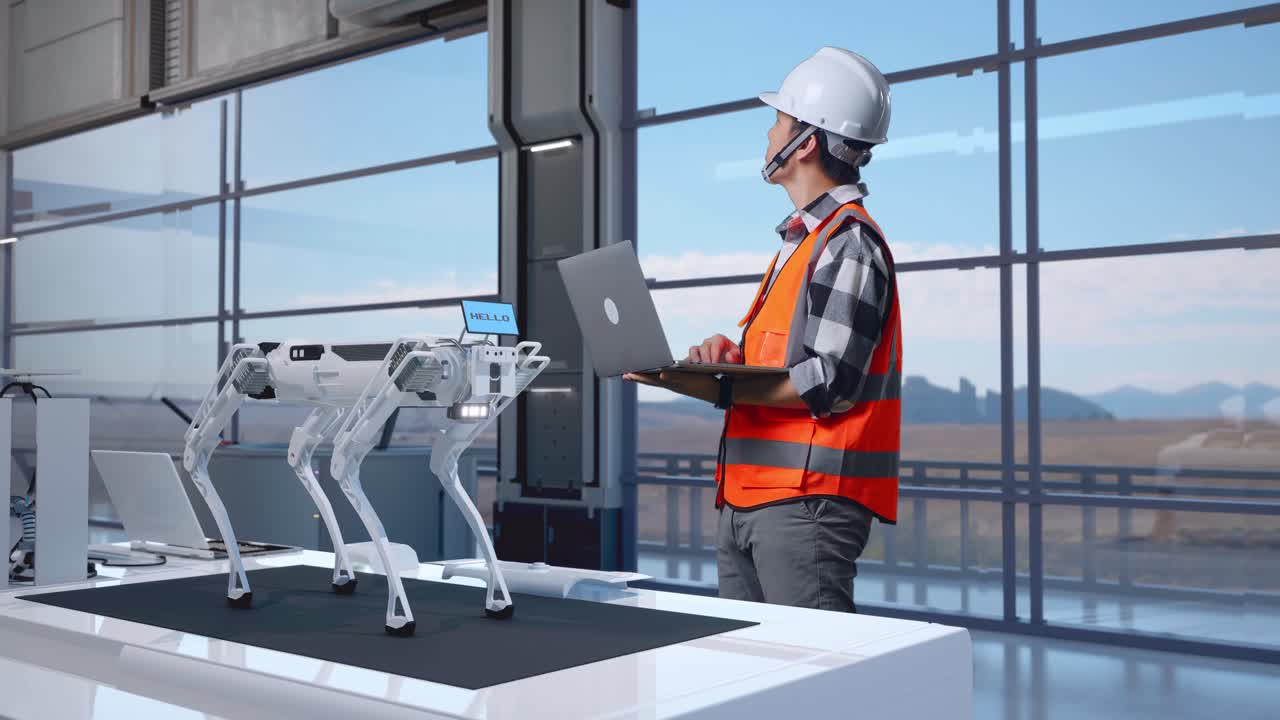 vista lateral completa del cuerpo de un ingeniero masculino asiático con casco de seguridad mirando una computadora portátil y mirando a su alrededor mientras está de pie en una fábrica de alta tecnología, analizando el concepto de máquina robótica