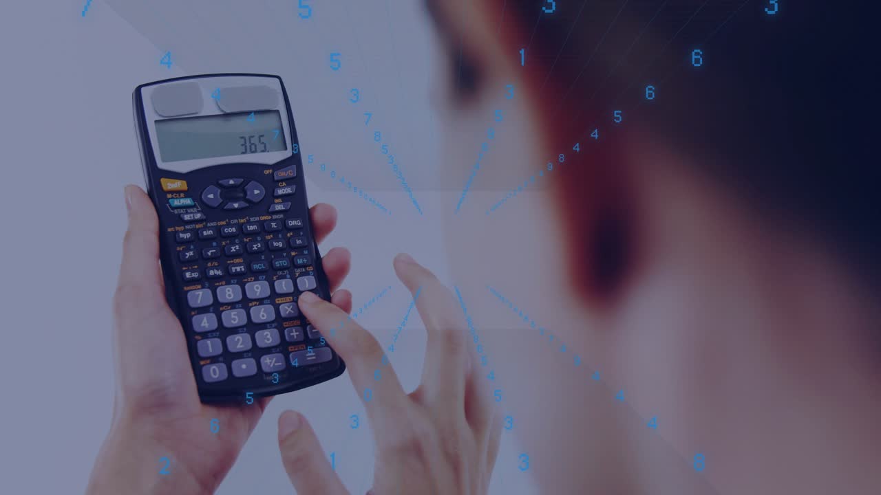 Female operator pressing calculator keys, causing blue data overlay and checking results for tech