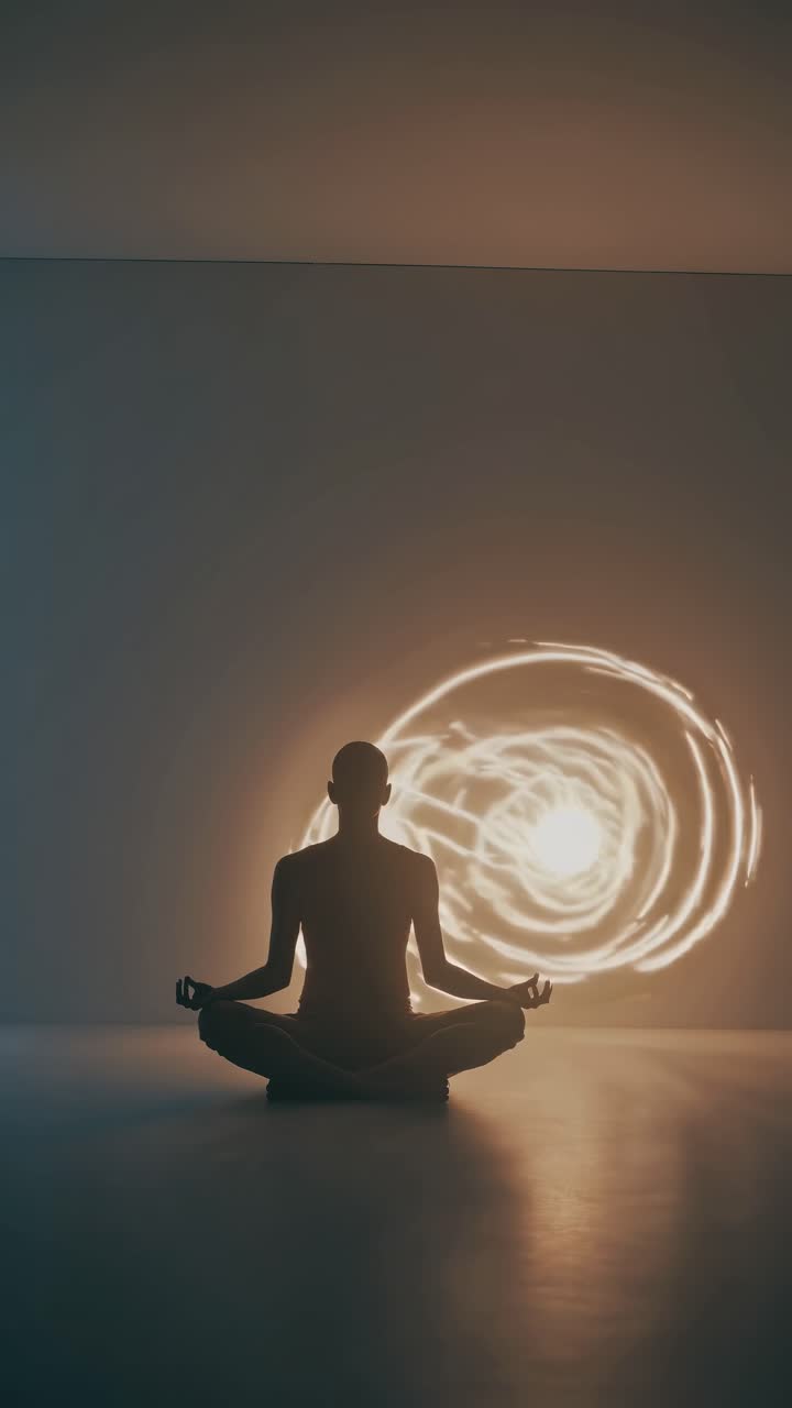 Woman silhouetted during yoga meditation, enveloped by glowing orange spiral light painting, radiating peaceful mindfulness against softly illuminated background