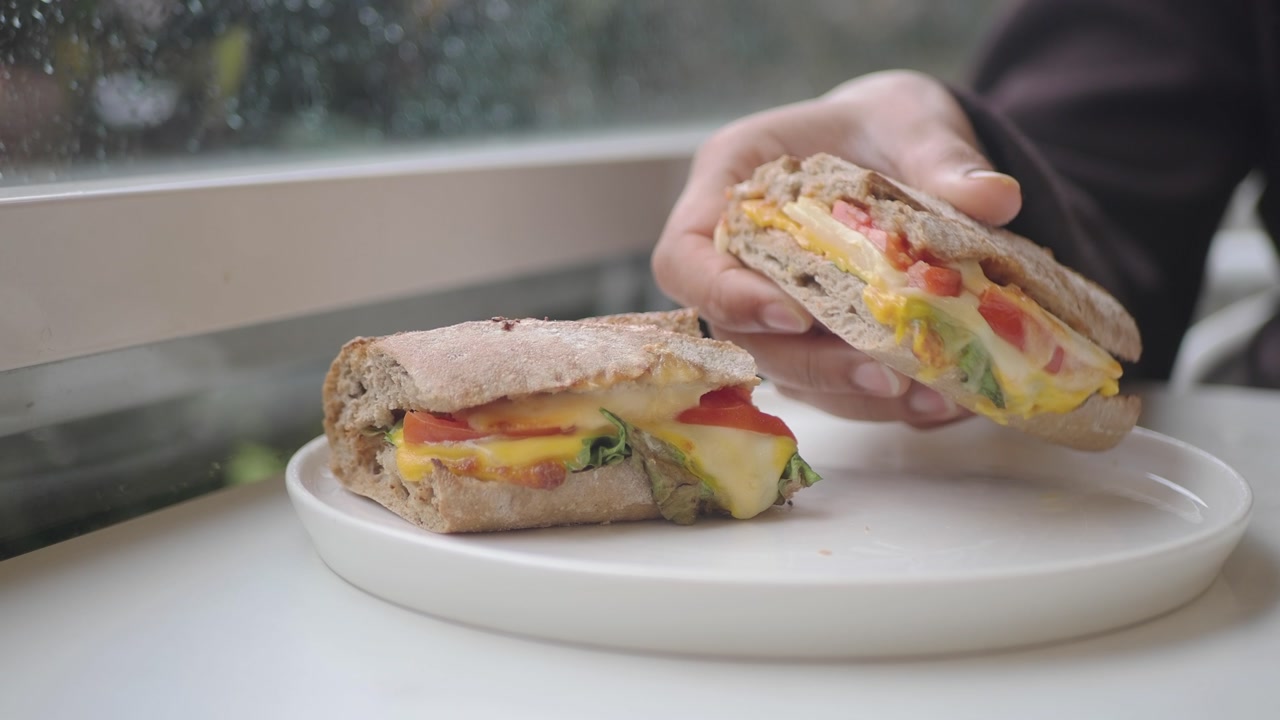 Close-up of Hand Picking Up a Delicious Melted Cheese Sandwich