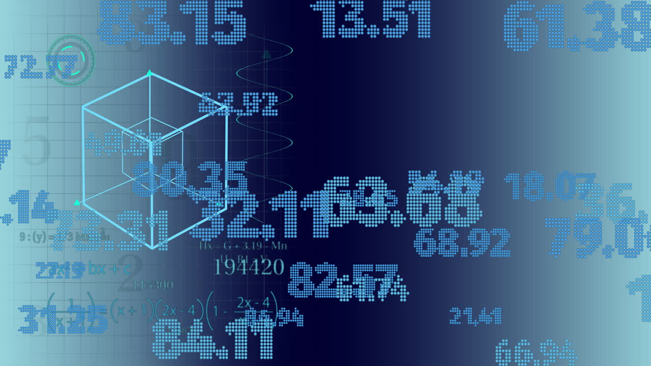 Mathematical equations and 3D cube animation over digital numbers background