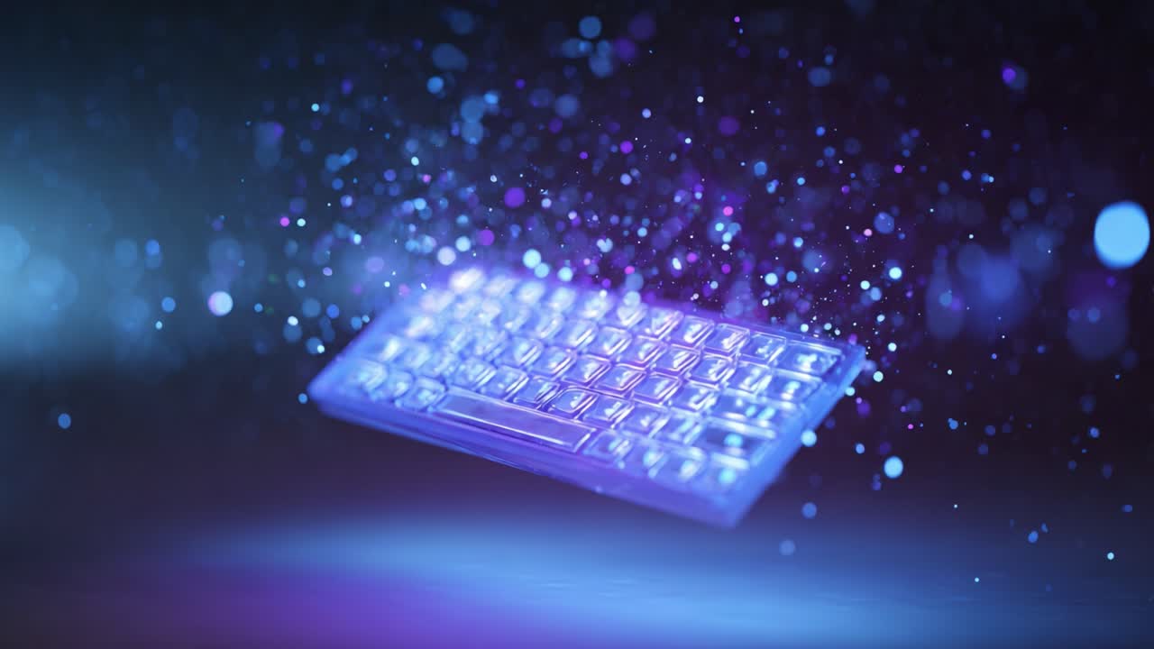Abstract futuristic concept showing a glowing transparent keyboard floating in a dark, digital environment with sparkling blue and purple particles, representing technology and innovation