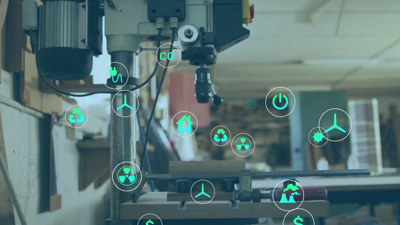 Green icon appearing, icons floating, clustering, dispersing over drill press, showing energy cost