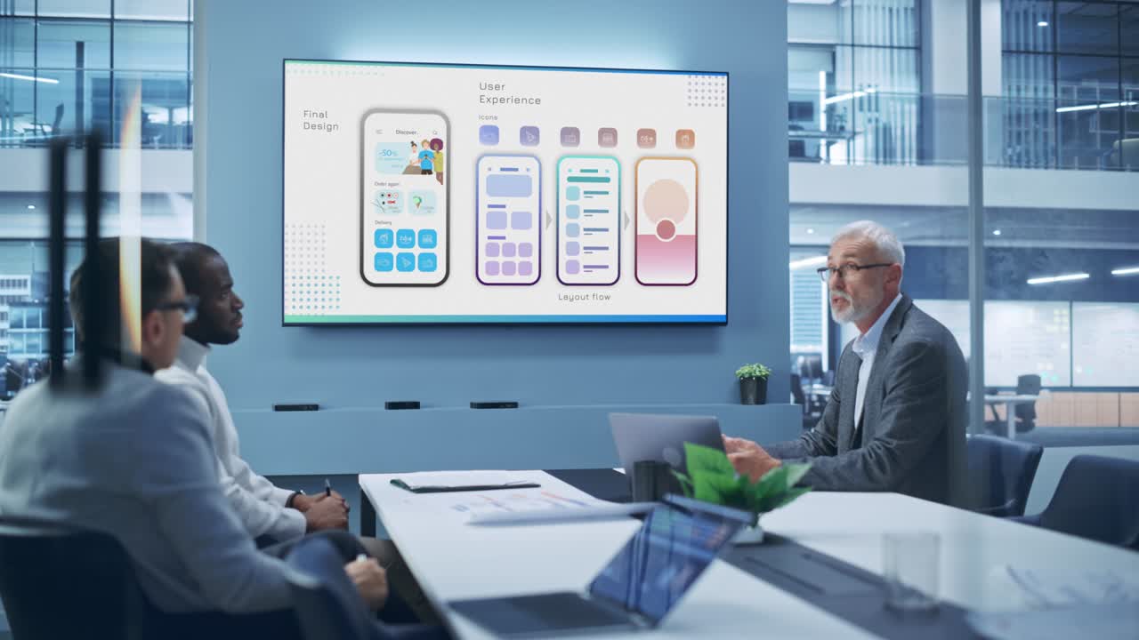 Office Conference Room Meeting: Digital Entrepreneur Pitches e-Commerce Social Media Software App to Two Investors. Wall TV Screen Show Animation of UI UX Working, Customer Support. Static Wide Shot