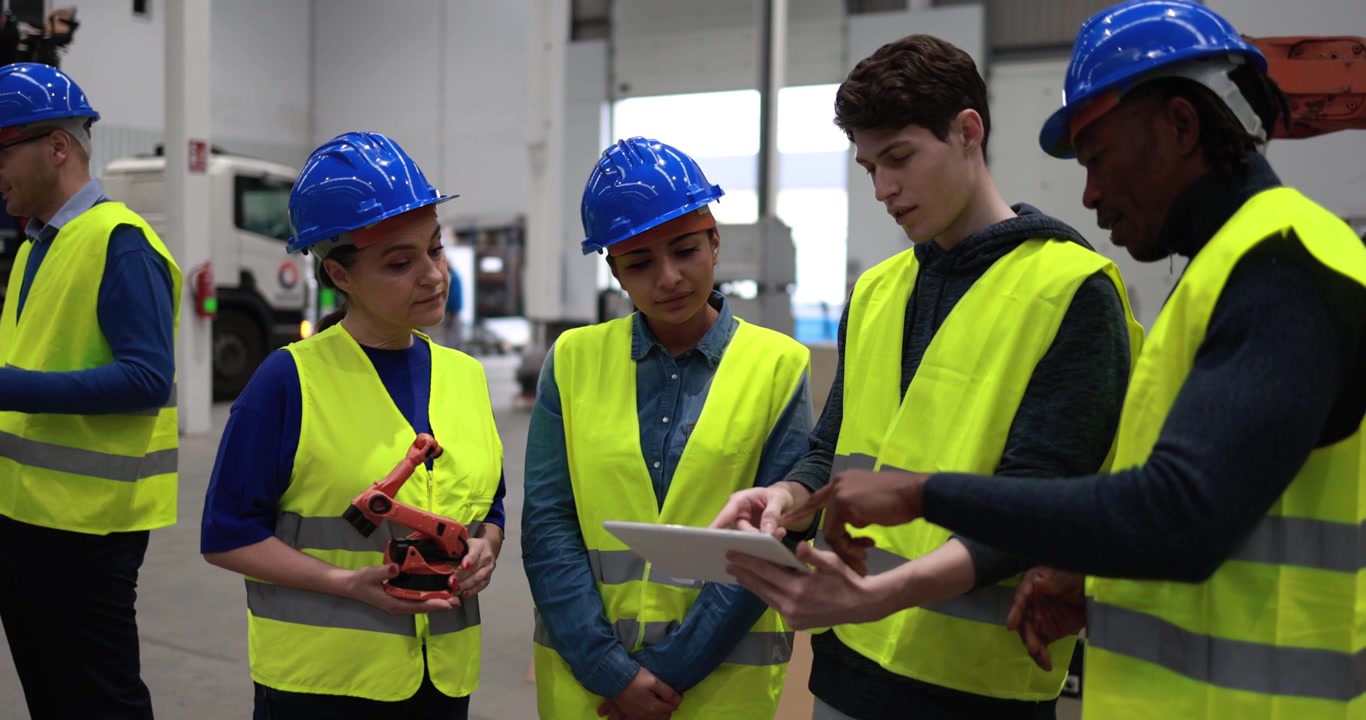 Diverse Engineering Team Discussing Project on Tablet in Industrial Warehouse