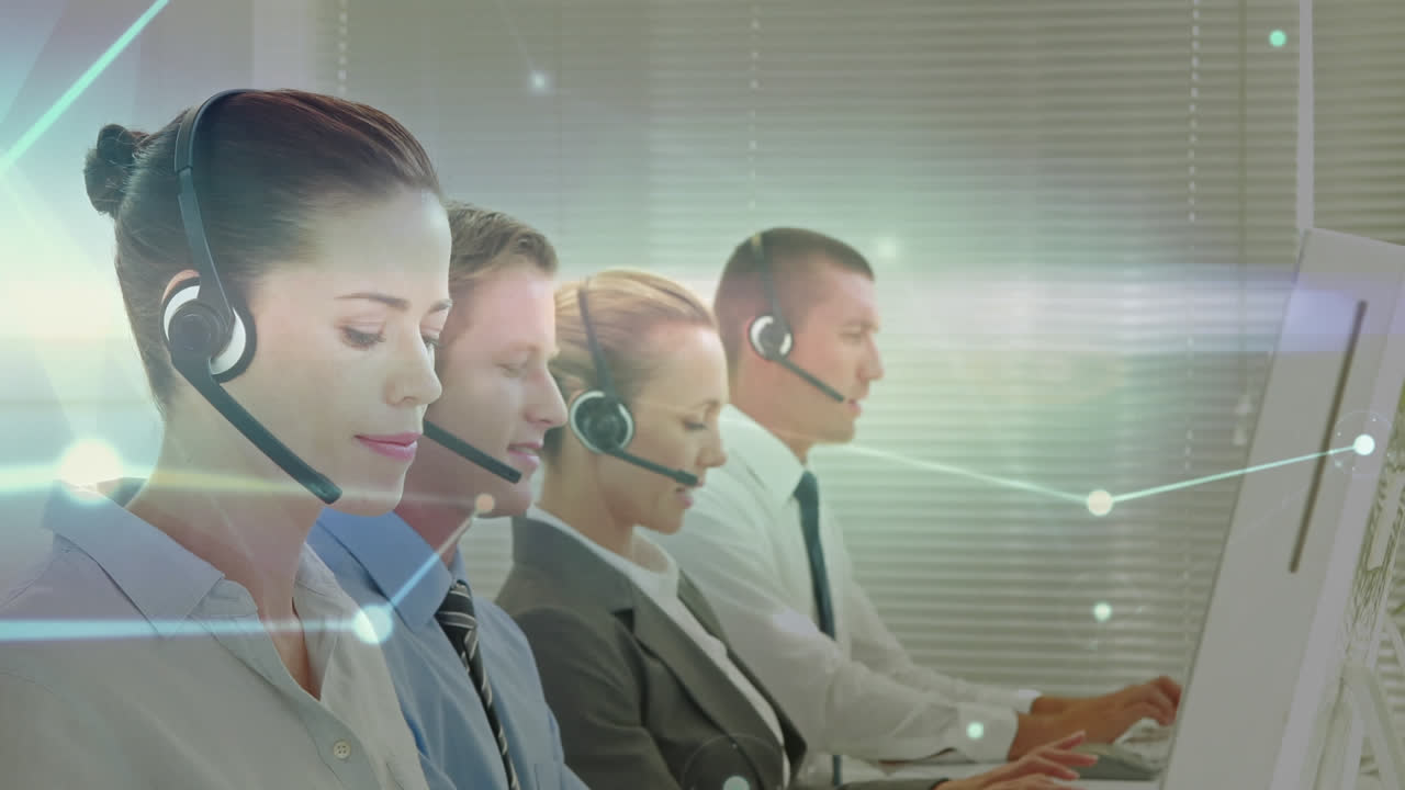 전화 헤드 ⁇ 을 착용 한 사업가 들 을 통한 연결 네트워크 의 애니메이션