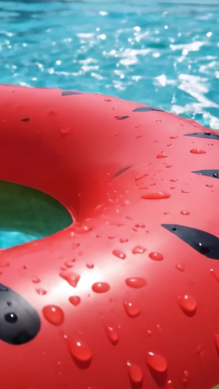 Flotador de piscina colorido con forma de sandía y reflejos de agua brillantes bajo la luz del sol, perfecto para fiestas en la piscina de verano y relajación.