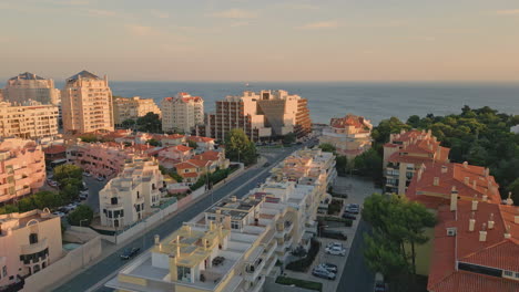 drone twilight coastal town placed at endless ocean. wonderful seaside town