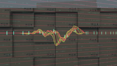 animation of statistics processing over cardboard boxes on conveyor belt in background