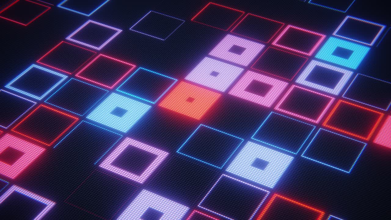 Abstract Digital Grid of Flashing Neon Squares