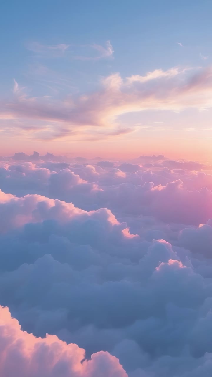 Vertical video: Initiating camera gliding above pastel clouds at sunrise, revealing crescent moon