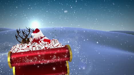 Animación-De-Santa-Claus-En-Trineo-Con-Regalos-De-Navidad-Y-Nieve-Cayendo-En-El-Paisaje-Invernal