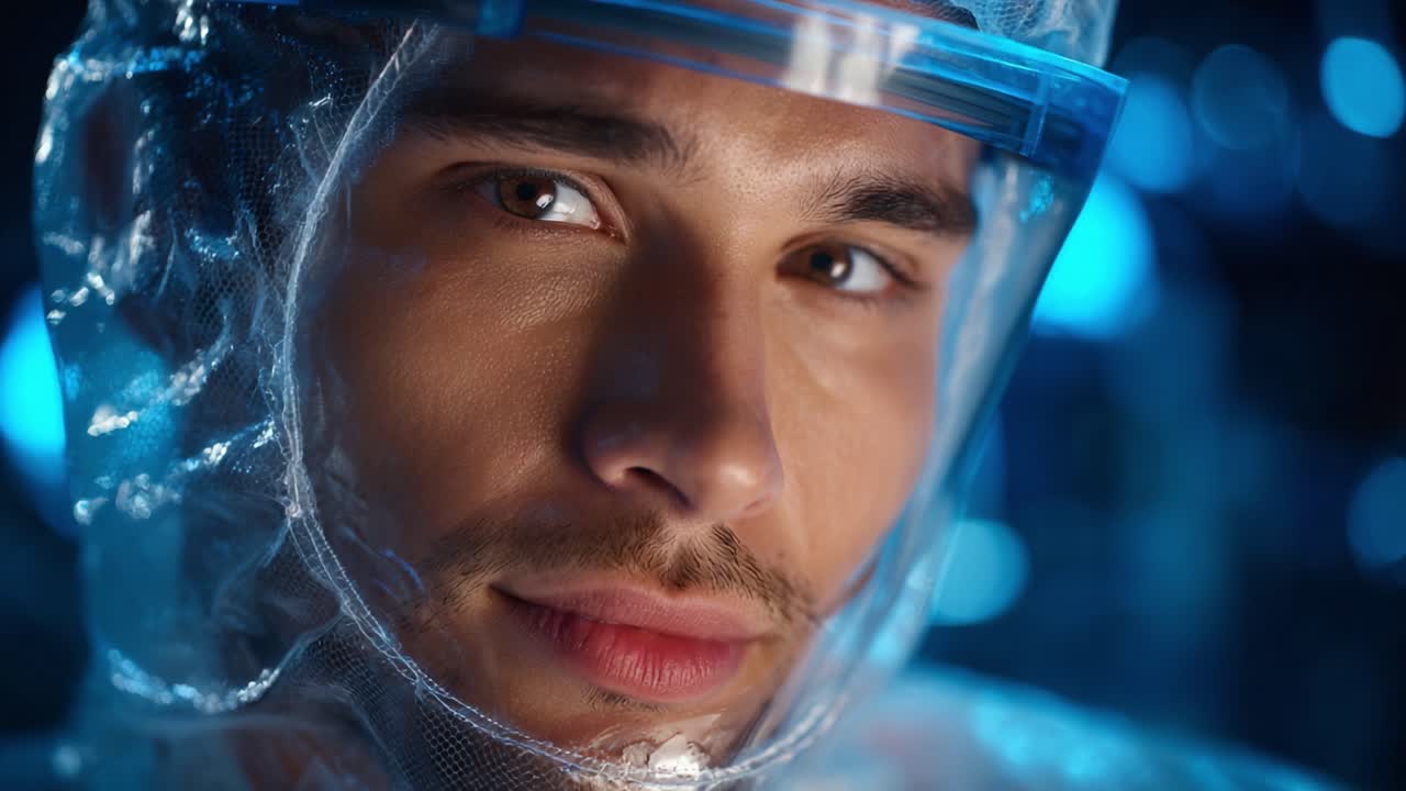 Um close-up de um jovem usando um capacete de proteção e um traje transparente, mostrando uma expressão séria em um ambiente futurista com iluminação azul