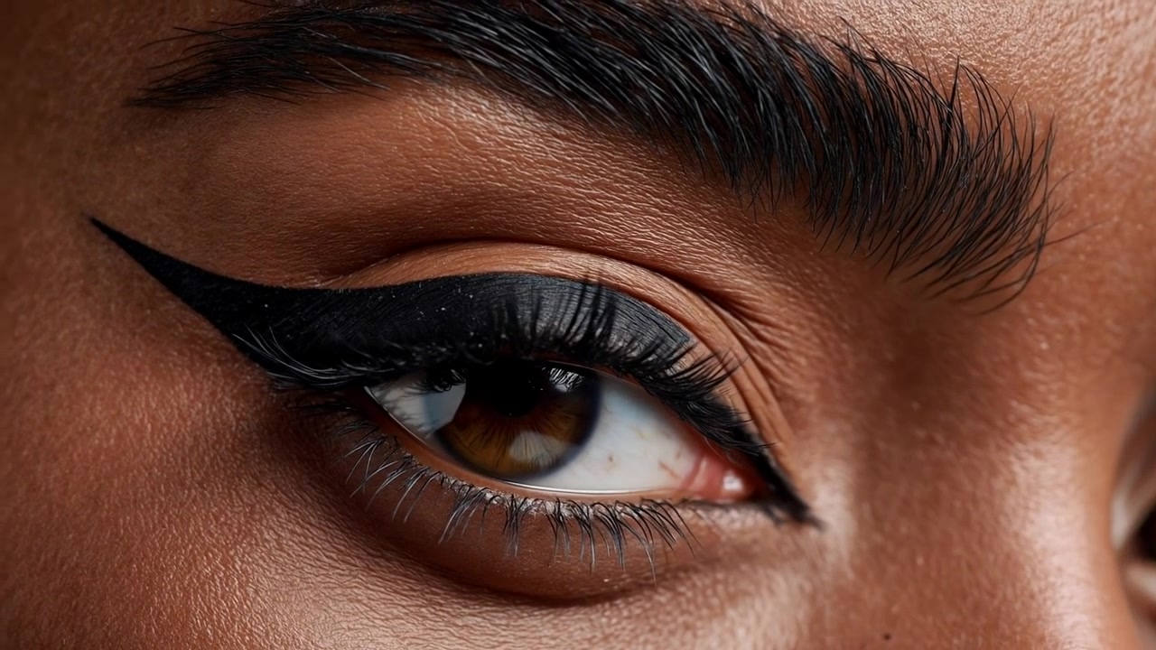 Extreme close up of a female eye with dramatic black winged eyeliner