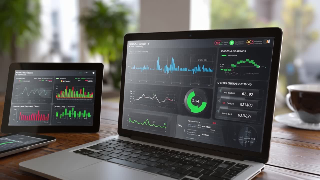 Advanced Data Analytics Interface Displayed on Multiple Devices Including Laptops and Tablets with Vibrant Graphs and Performance Metrics for Enhanced Decision Making