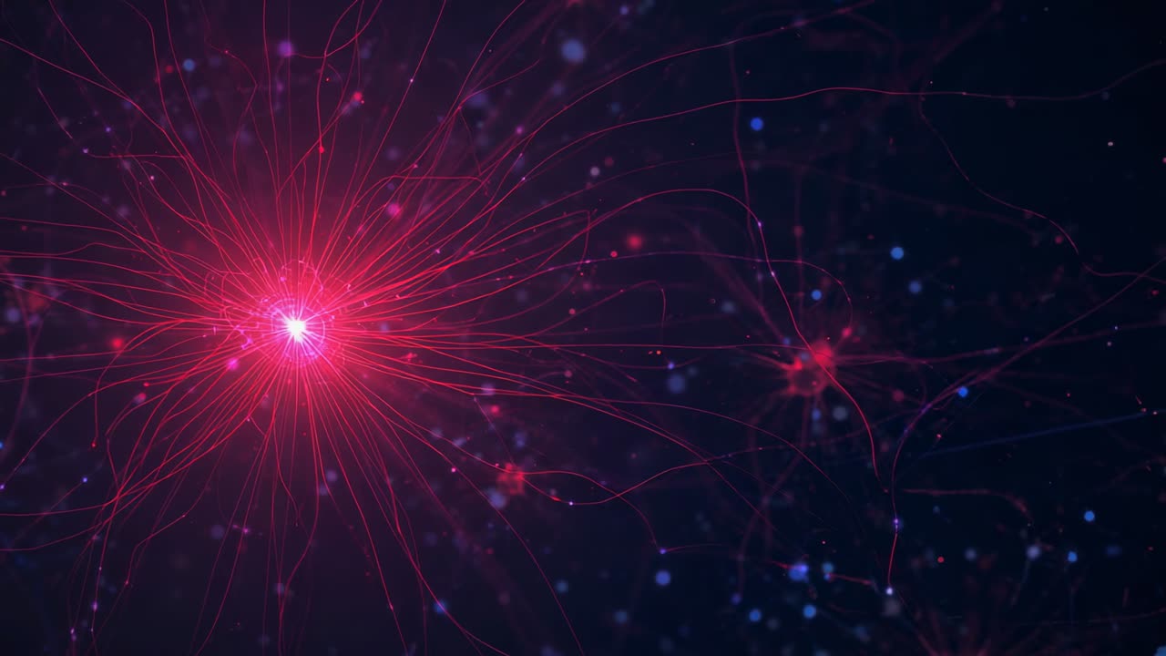 Emissione di un impulso attivo, soma rosso centrale che estende neuriti in un campo neurale scuro per segnalare alla rete.